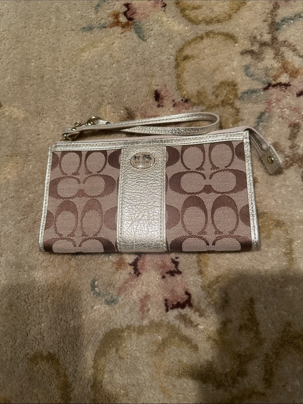 Coach Brown Signature Wristlet with Metallic Champagne Trim
